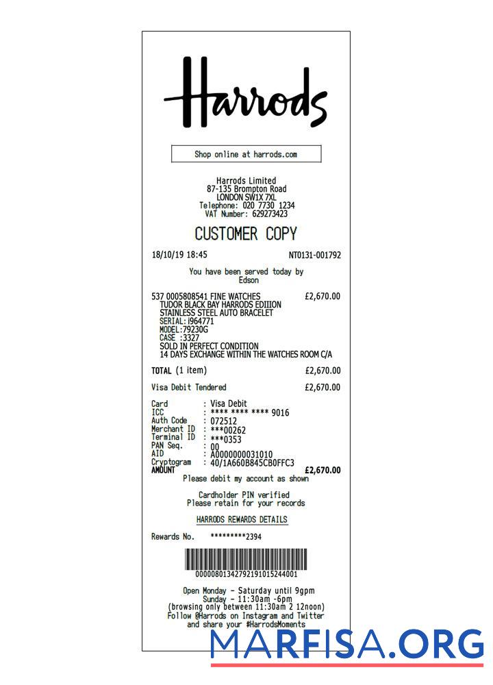 Blank Harrods payment receipt download for verification